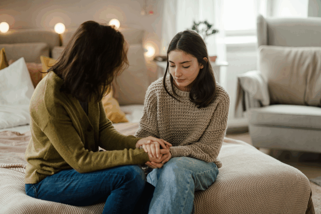 Mother comforting her teenage daughter as they navigate coping with life changes and transitions together